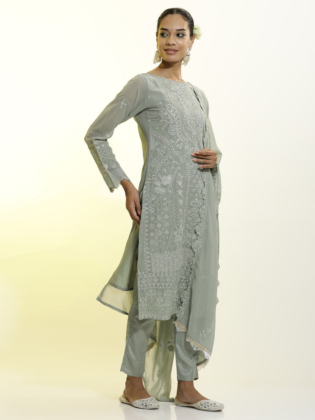 Heavy Embroidered Georgette Festive Kurta Set With Dupatta