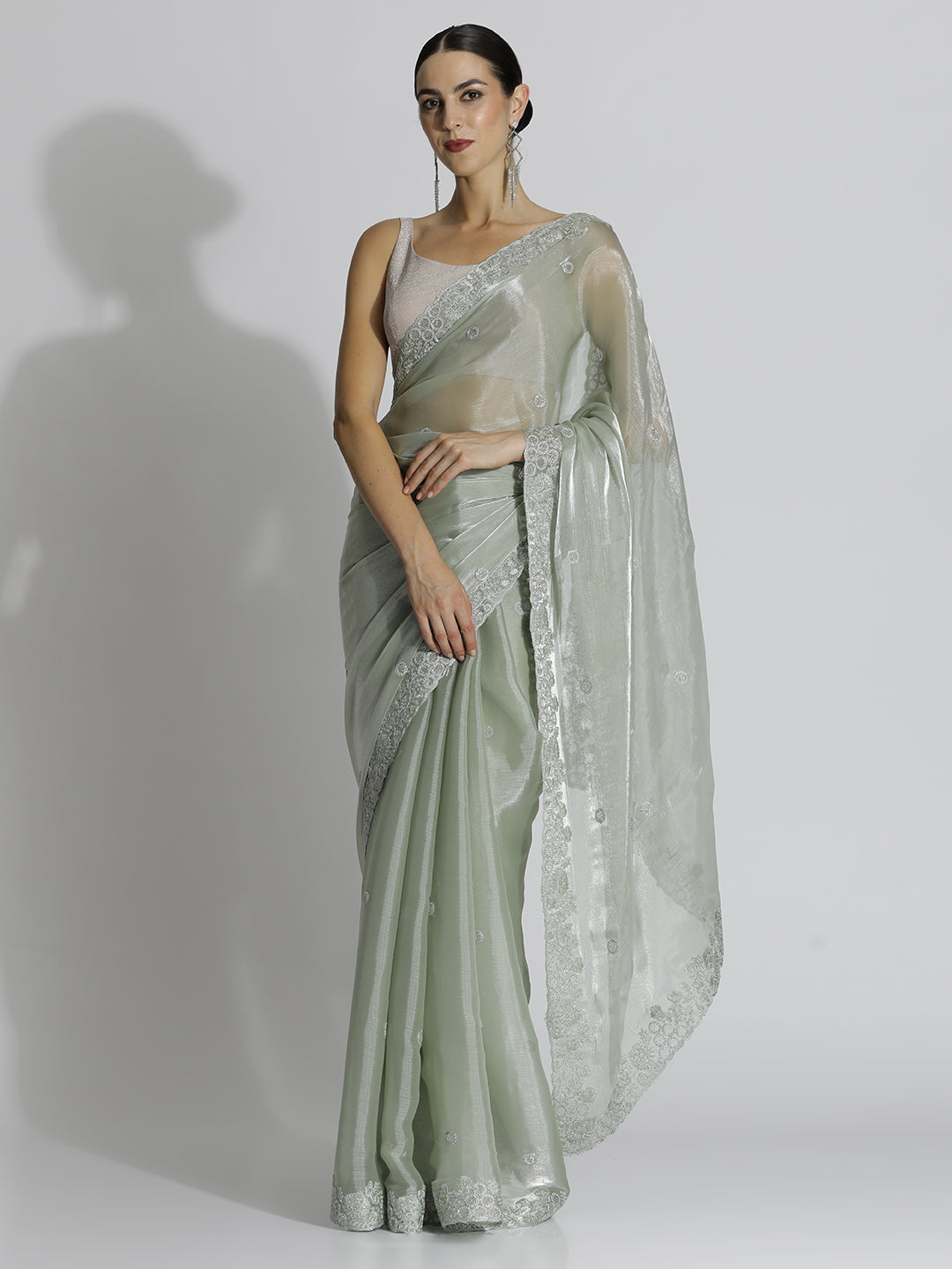 Party Wear Embroidered Tissue Green Saree