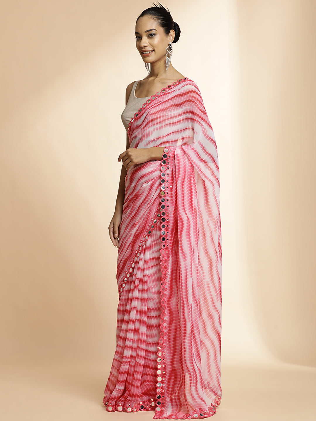 Pure Georgette Pink Leheriya Mirror Work Saree