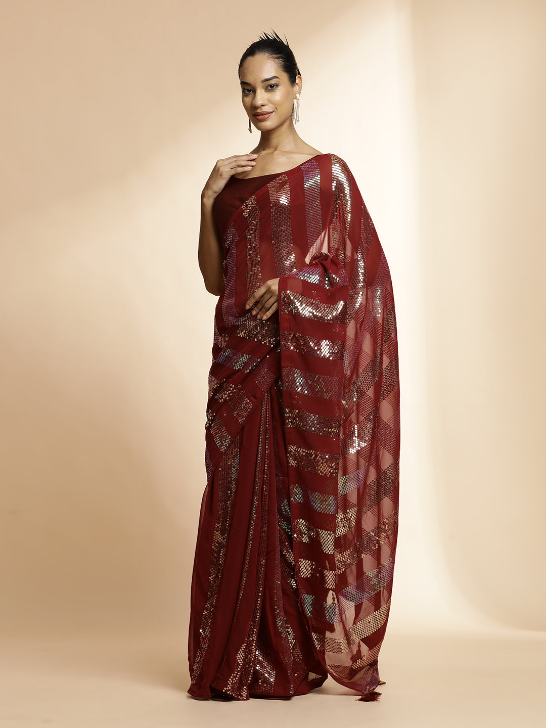 Pure Georgette Sequin Work Heavy Red Saree