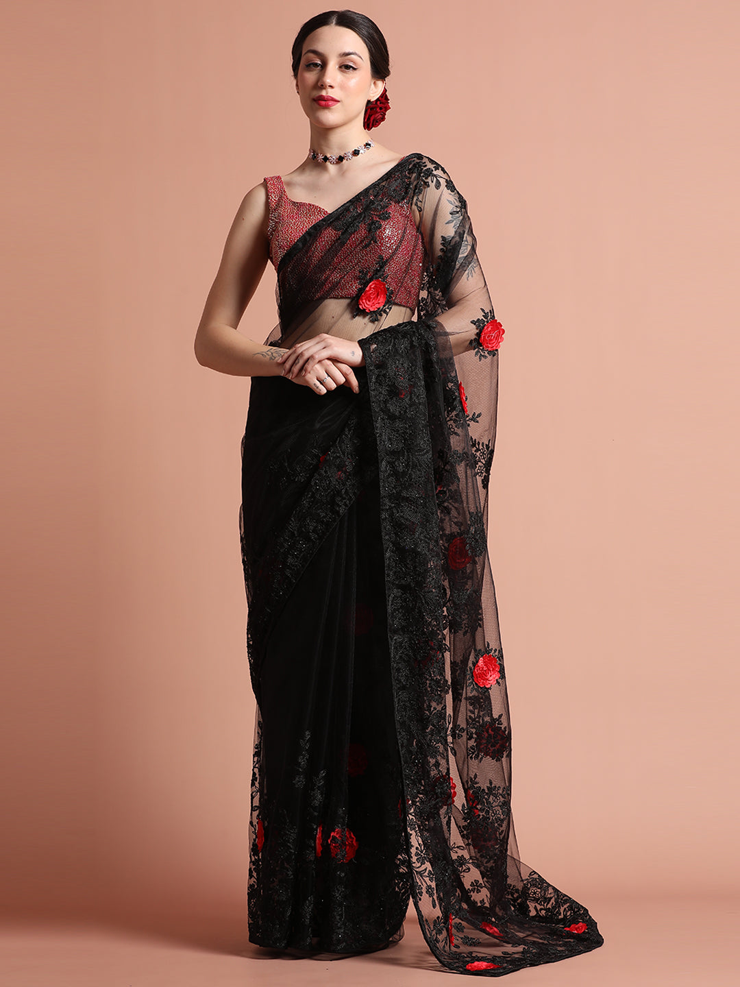 Party Wear Floral Black Embroidered Net Saree