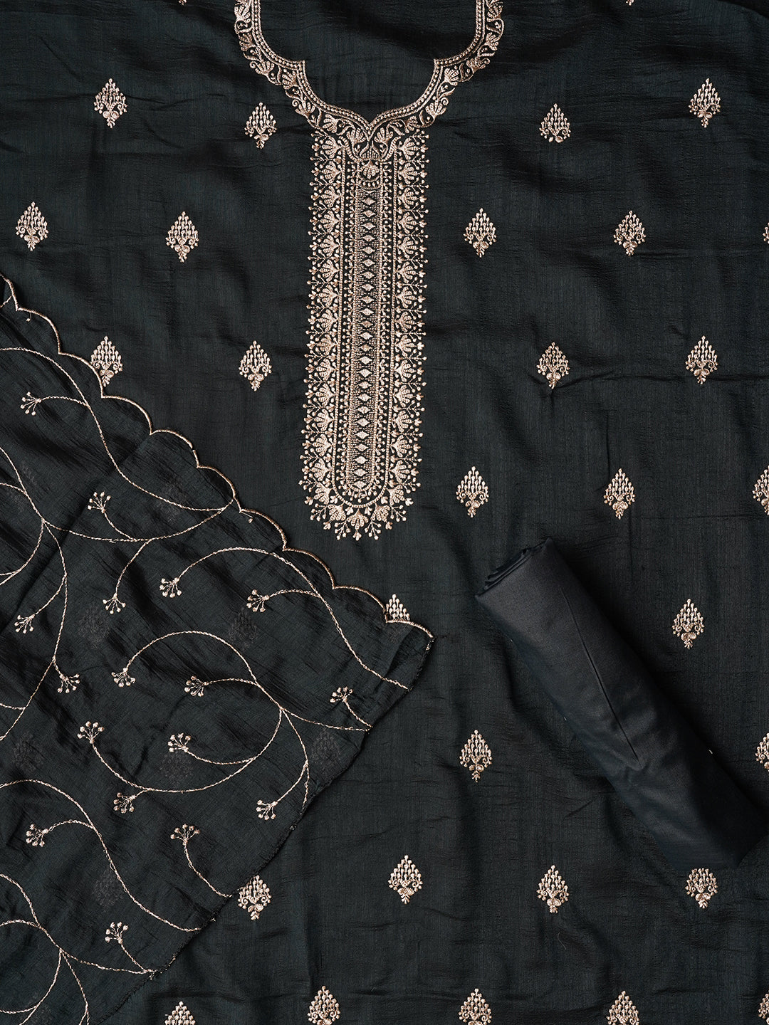 Grey Unstitched Embroidered Silk Blend Dress Material With Dupatta