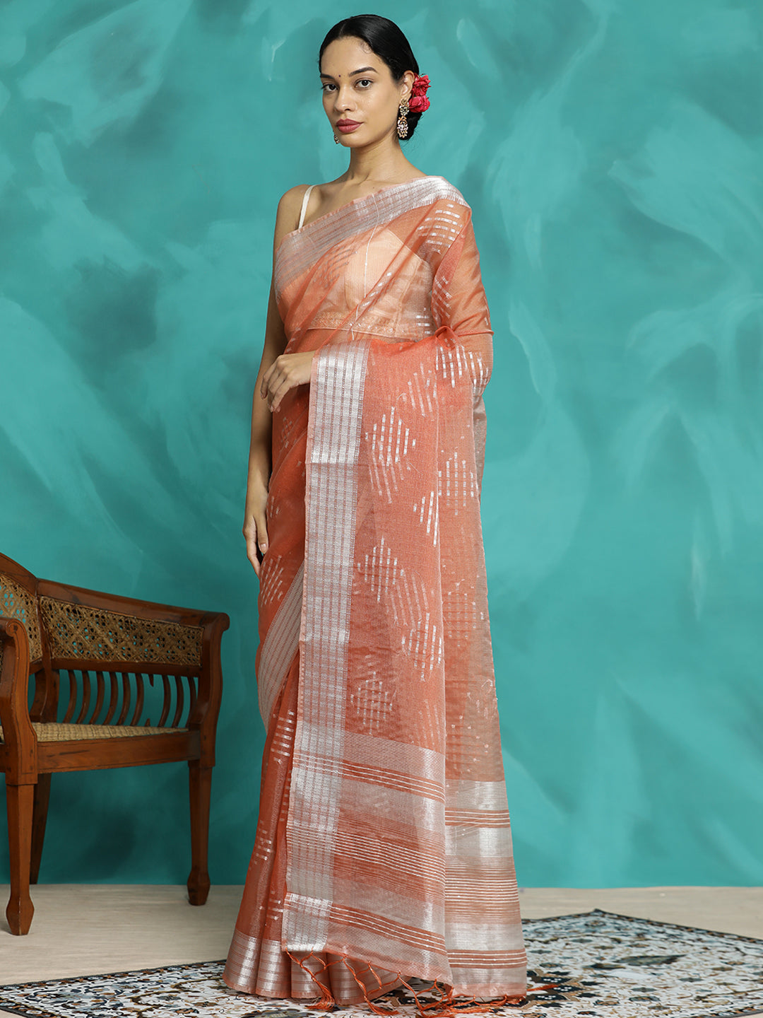 Orange Zari Woven Banarasi Organza Saree