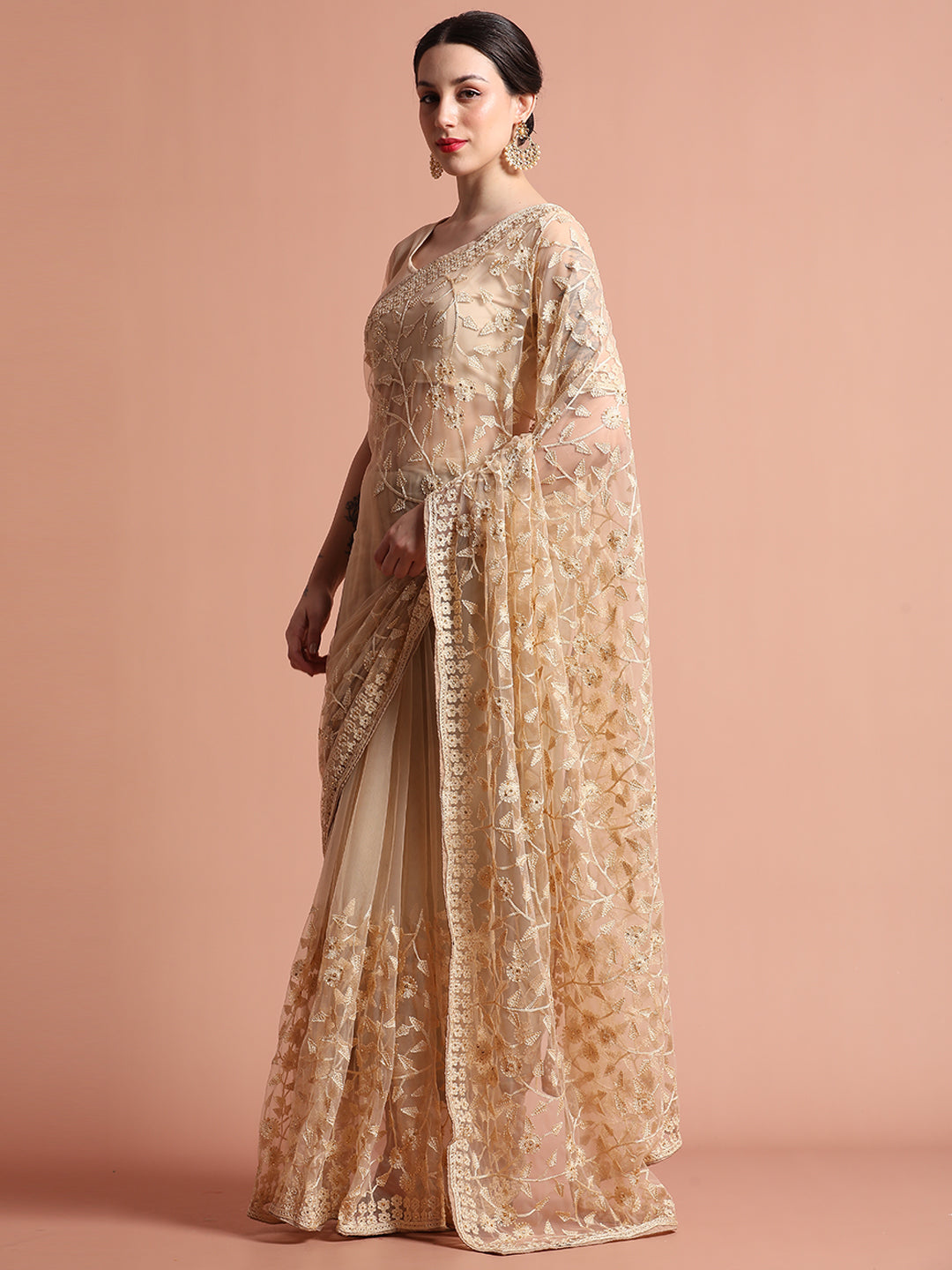 Beige Party Wear Floral Embroidered Net Saree