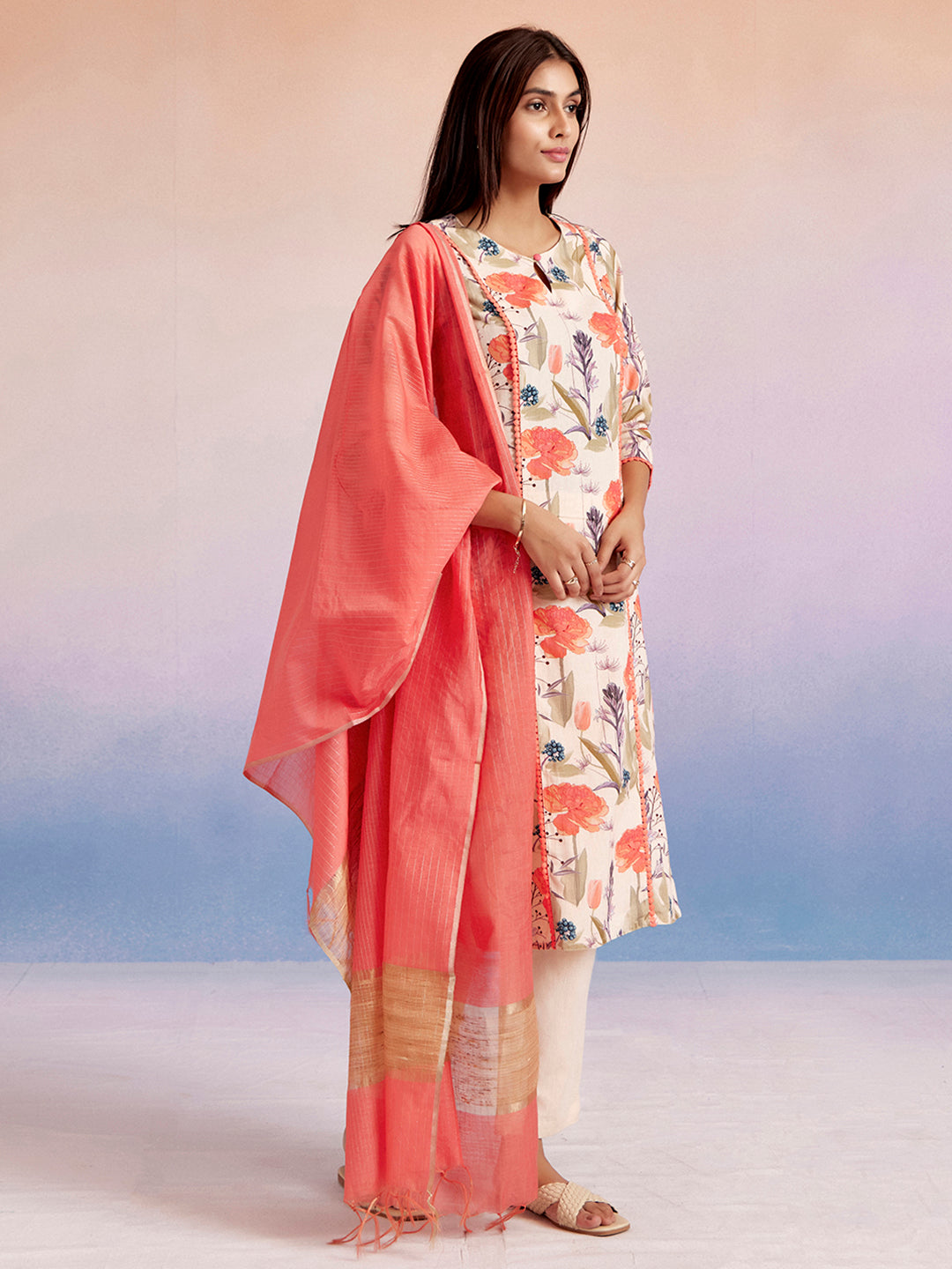 Coral Floral Cotton Straight Kurta Set With Dupatta