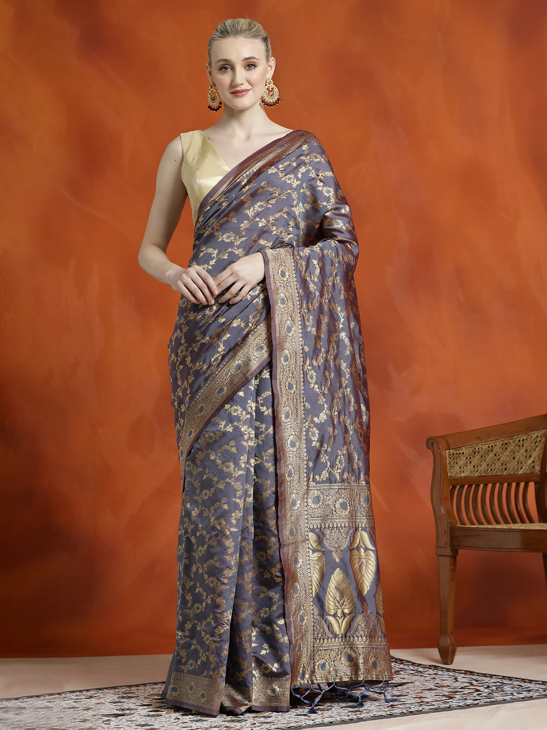 Grey Silk Banarasi Zari Woven Heavy Saree