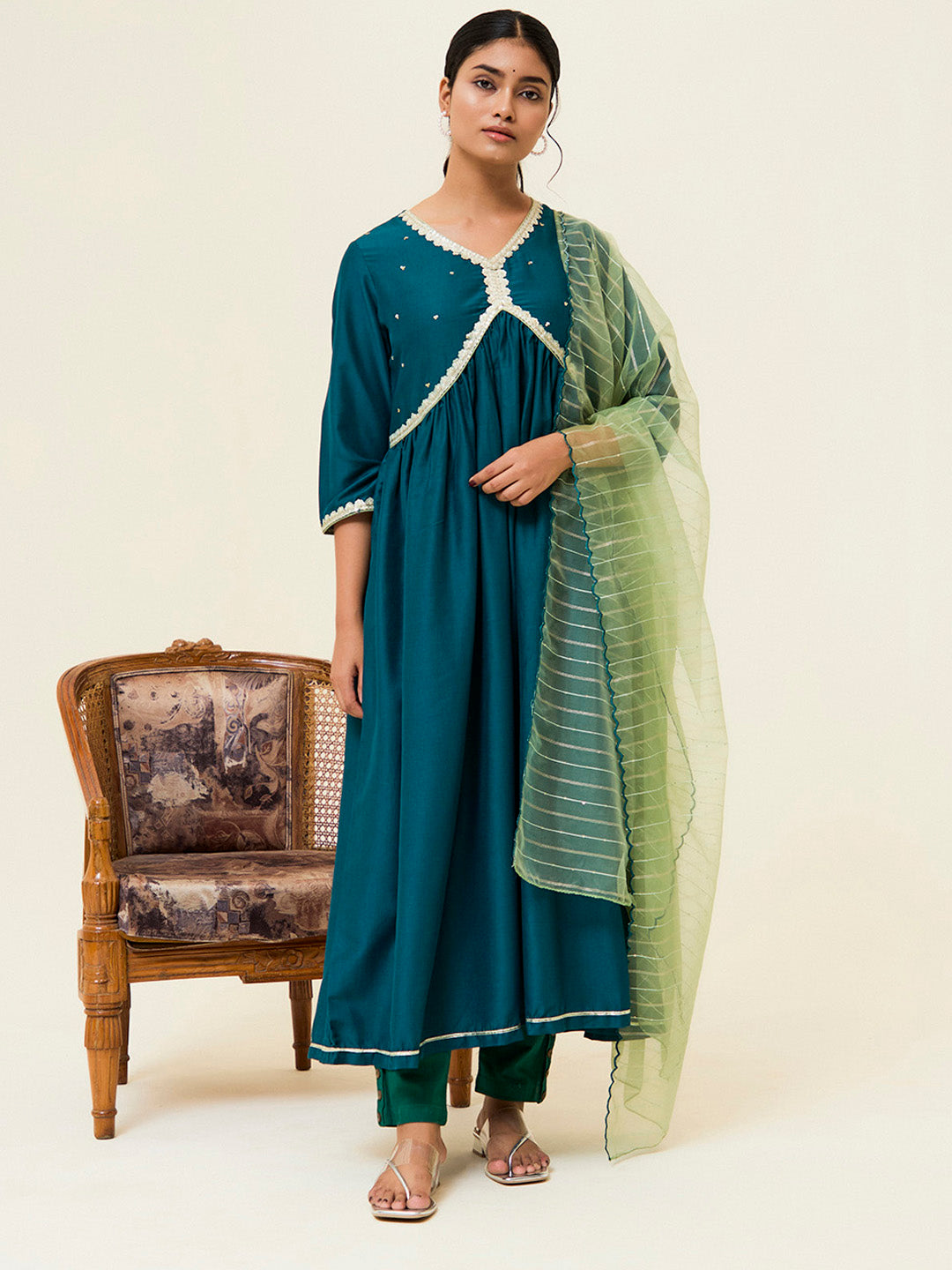 Teal Embroidered Festive Kurta Set