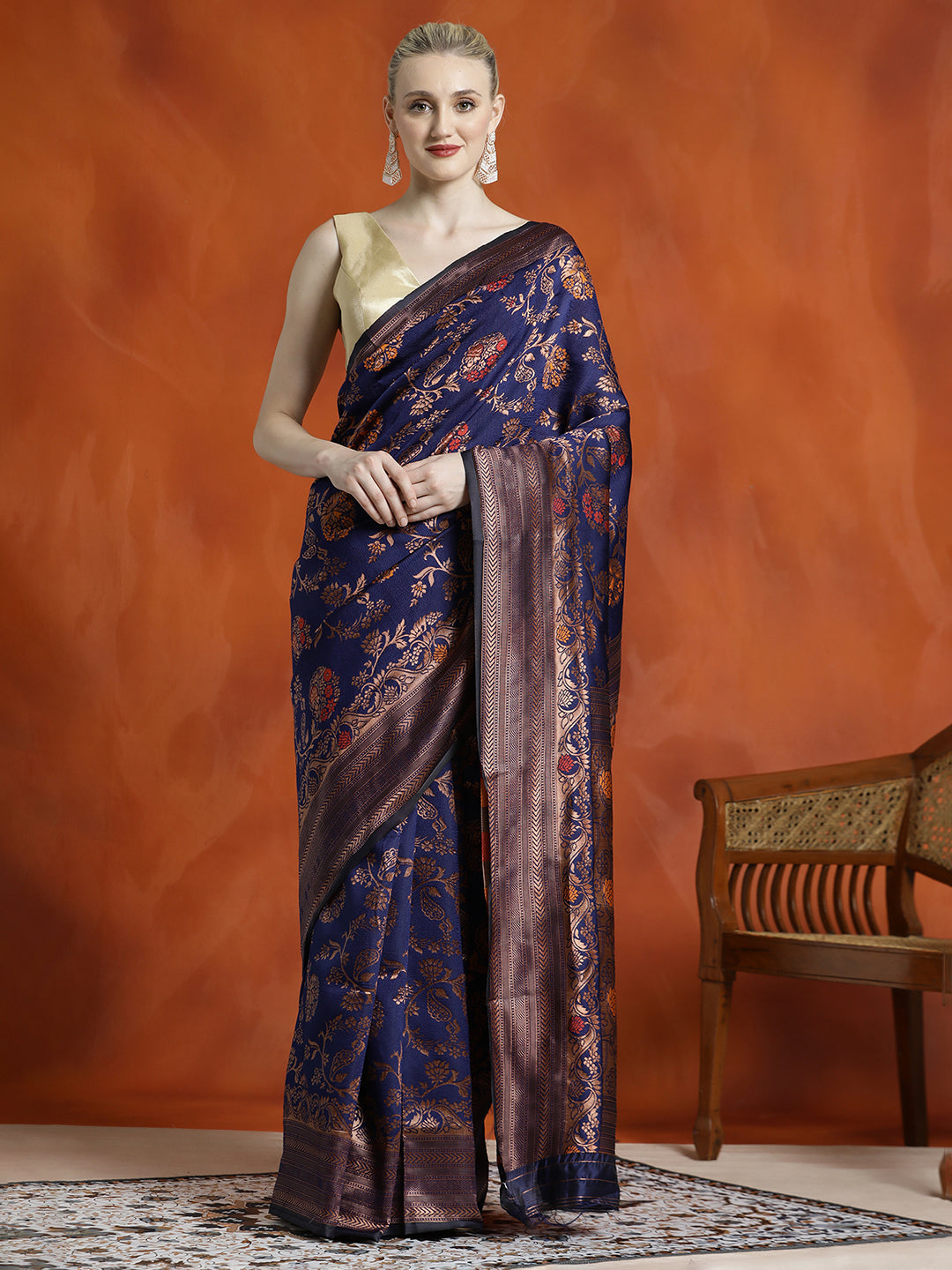 Navy Blue Silk Banarasi Zari Woven Party Wear Saree