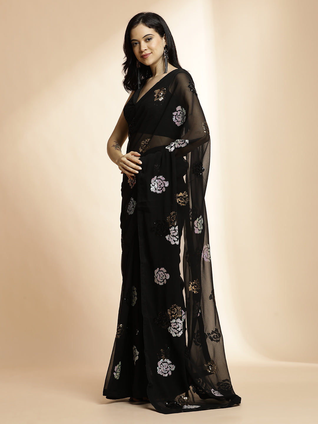 Party Wear Sequin Embellished Black Saree