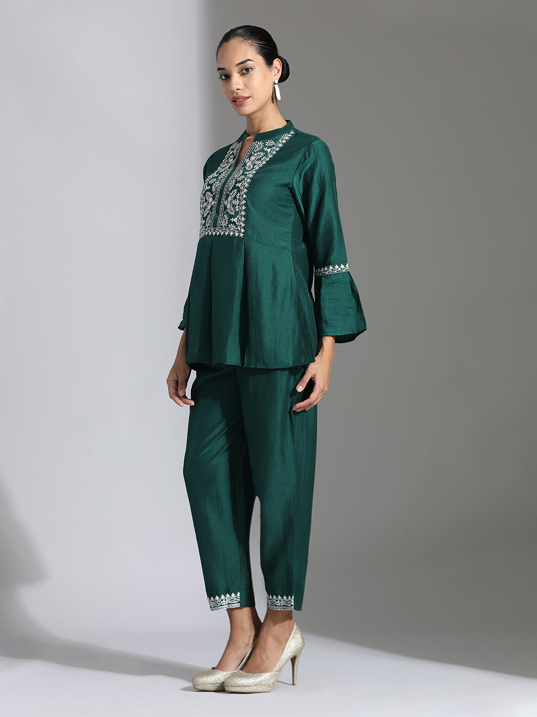 Dark Green Chinon Floral Embroidered Top With Trousers Co-ord Set