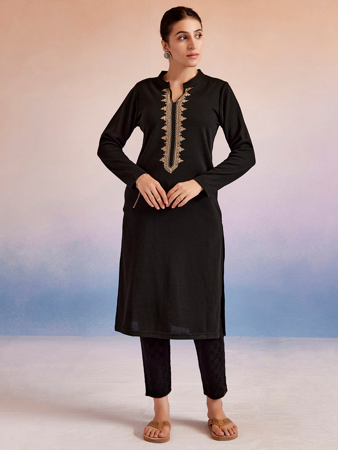 Embroidered Black Straight Woolen Kurta