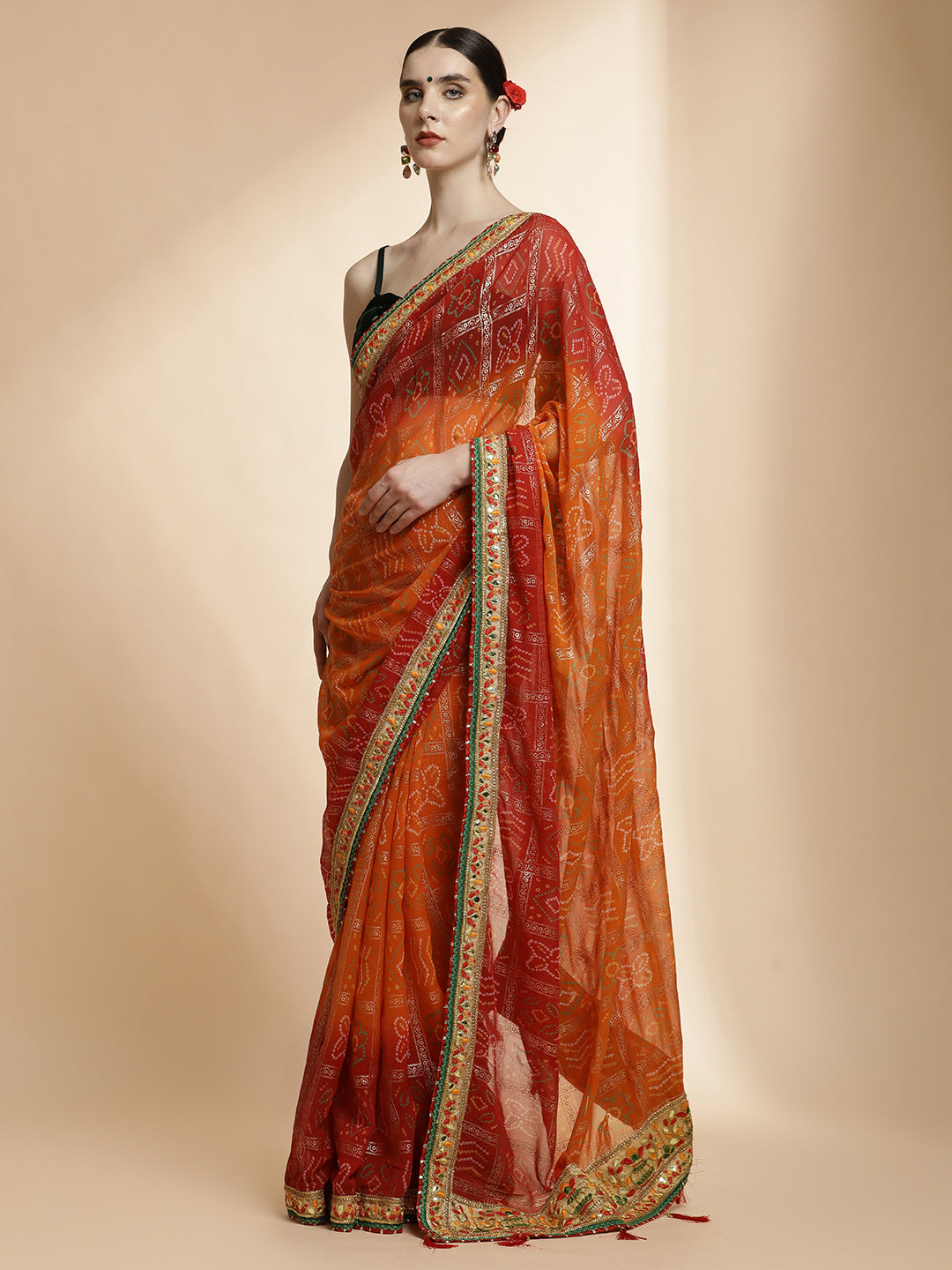 Festive Red Embroidered Bandhani Pure Georgette Saree