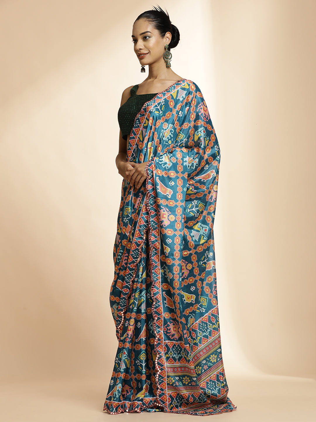 Printed Multicolor Mirror Work Satin Saree