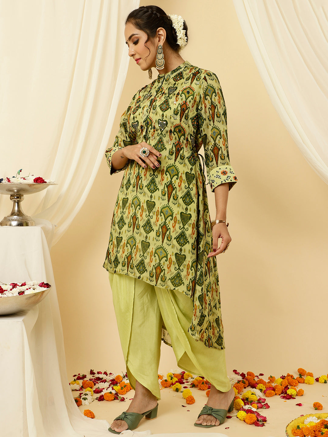 Ikat Printed Asymmetric Kurta With Dhoti Set