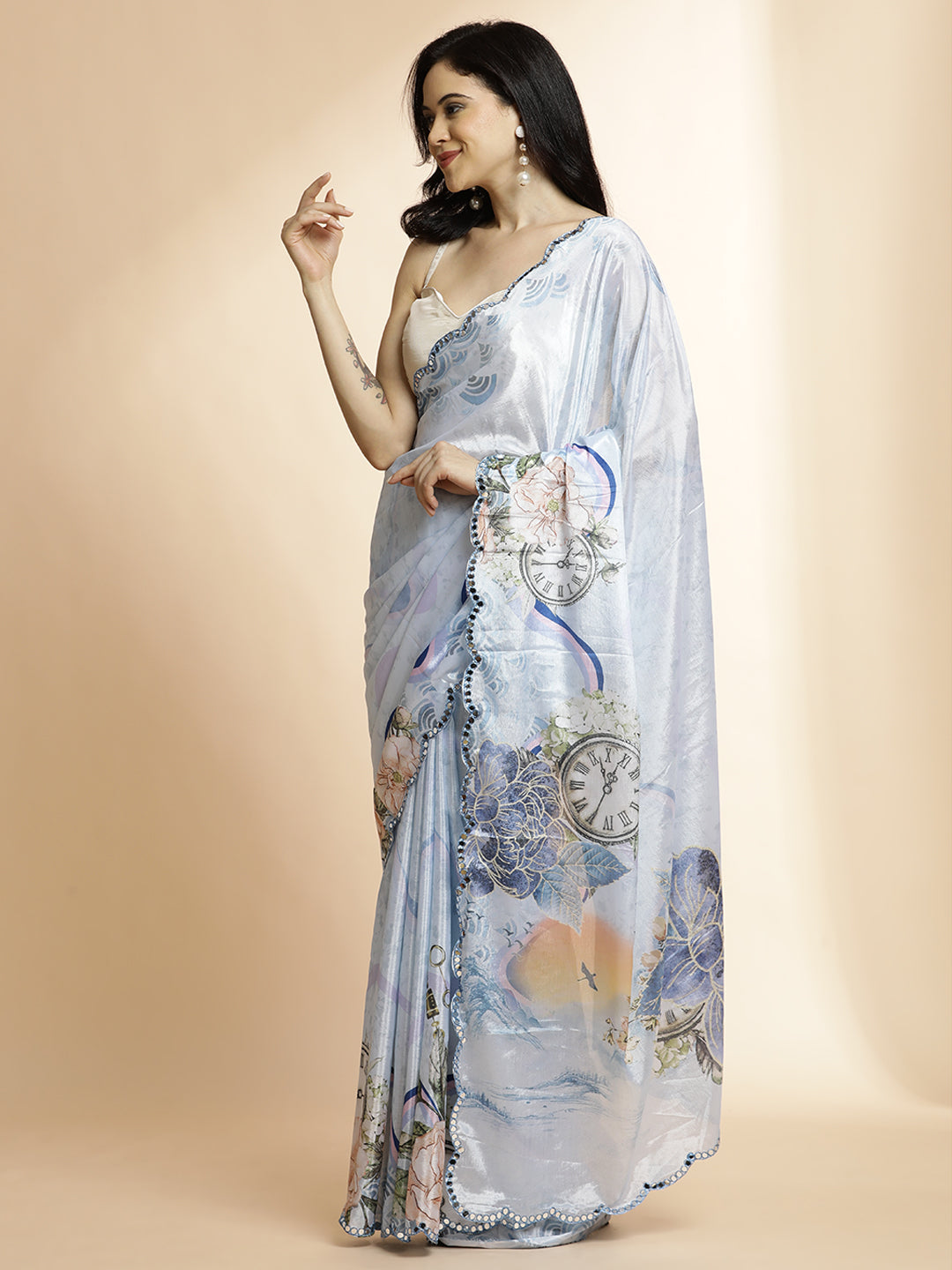 Sky Blue Floral Printed Mirror Work Satin Saree