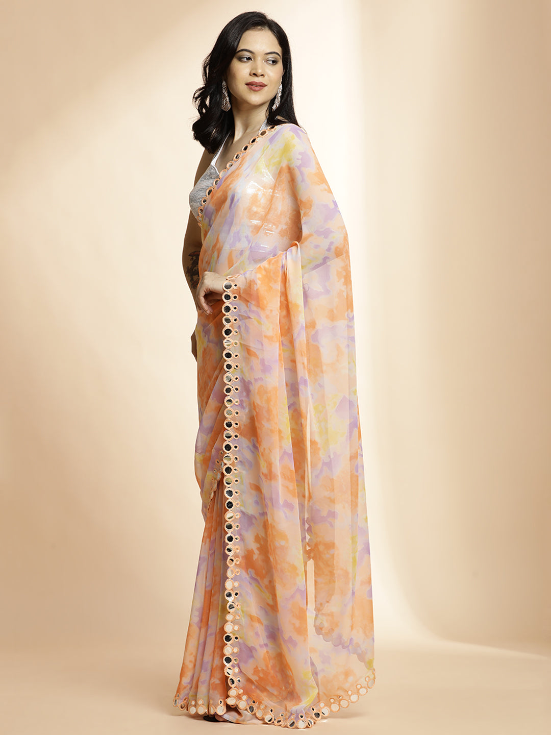 Peach Tie-Dye Mirror Work Pure Georgette Saree