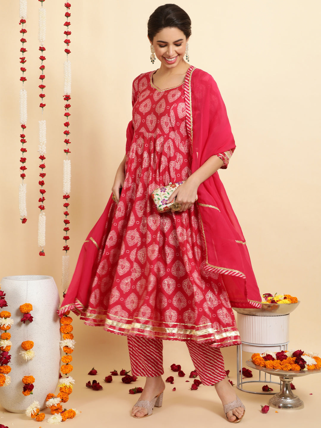 Pink Ethnic Motif Printed Anarkali Kurta Set with Dupatta