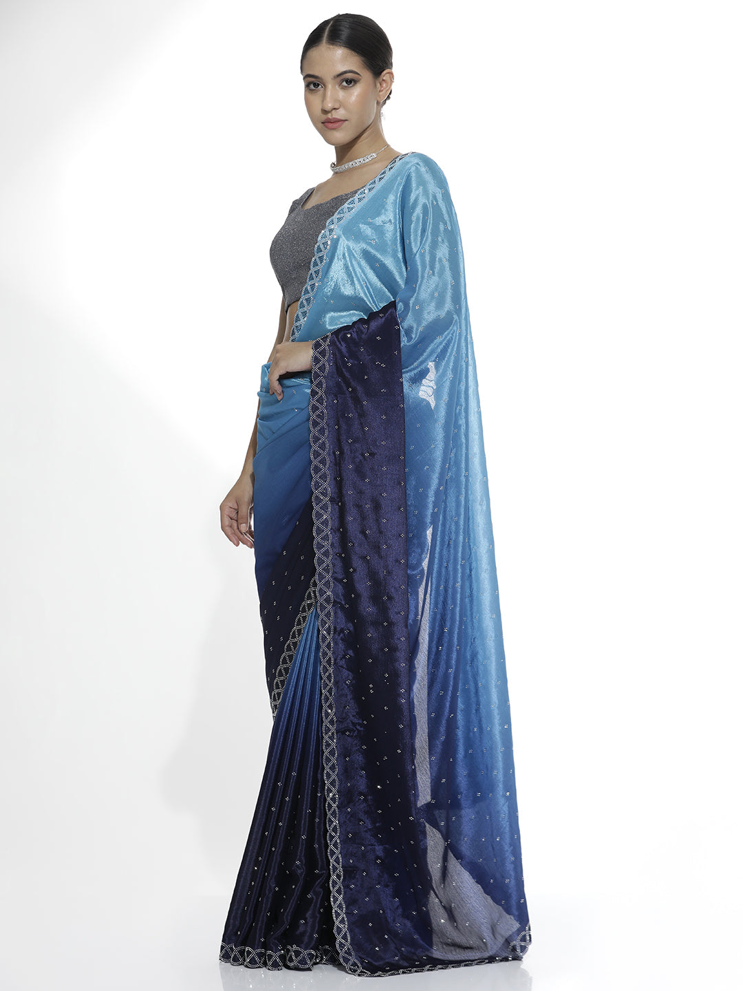 Satin Siroski Work Party Wear Blue Saree