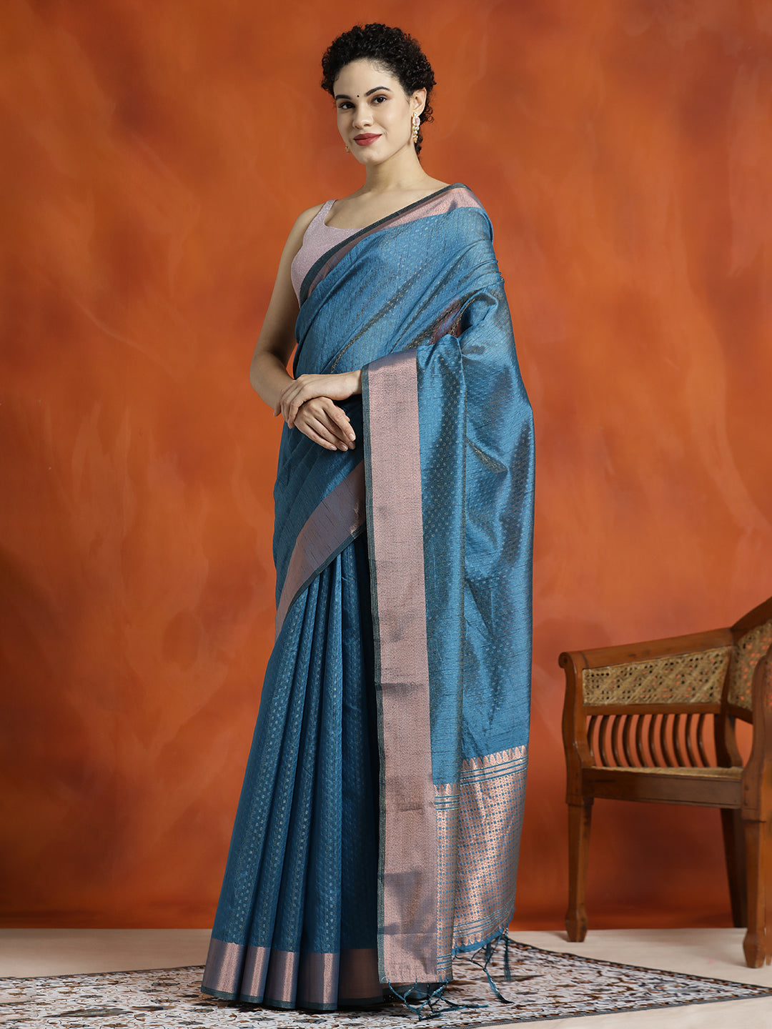 Teal Zari Woven Banarasi Organza Red Saree