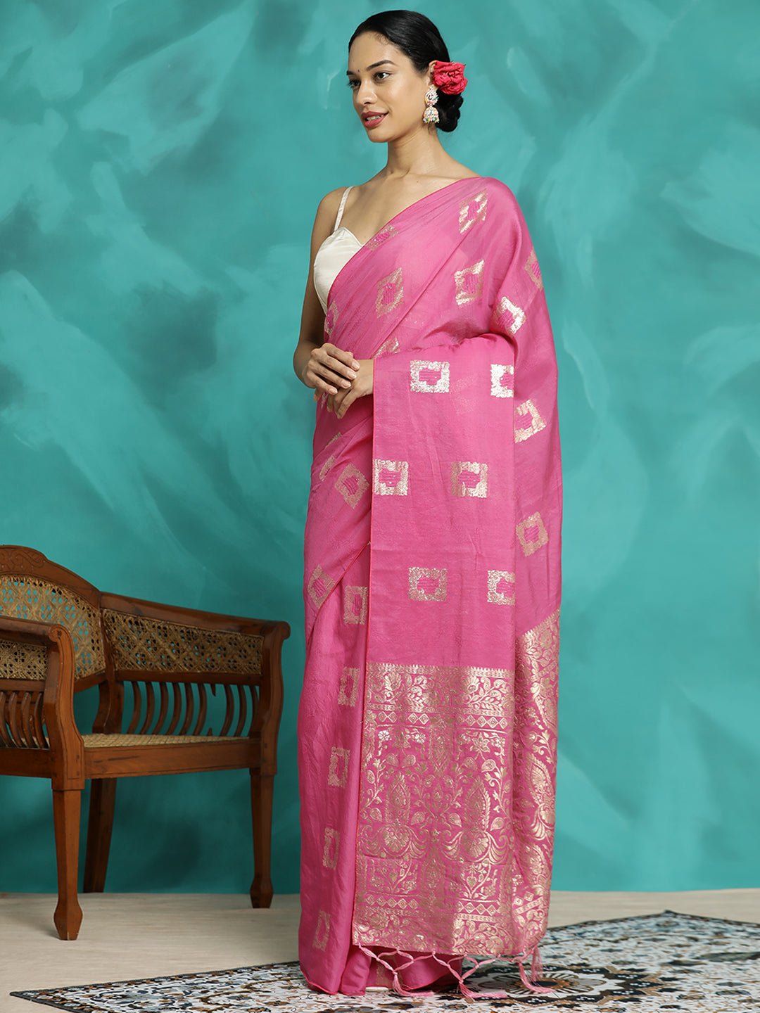 Pink Zari Woven Cotton Blend Banarasi Saree