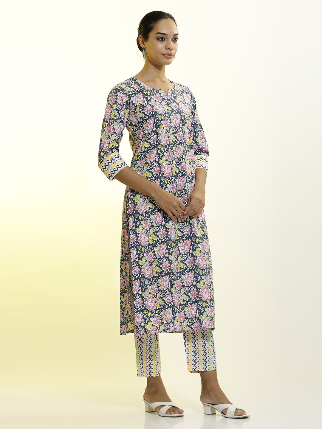 White Floral Printed Cotton Straight Kurta Set