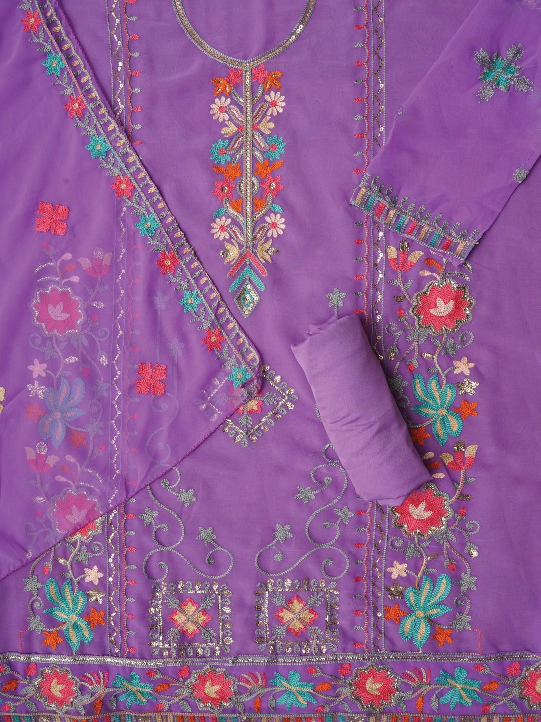 Lavender Sequin Embroidered Silk Georgette Dress Material with Dupatta