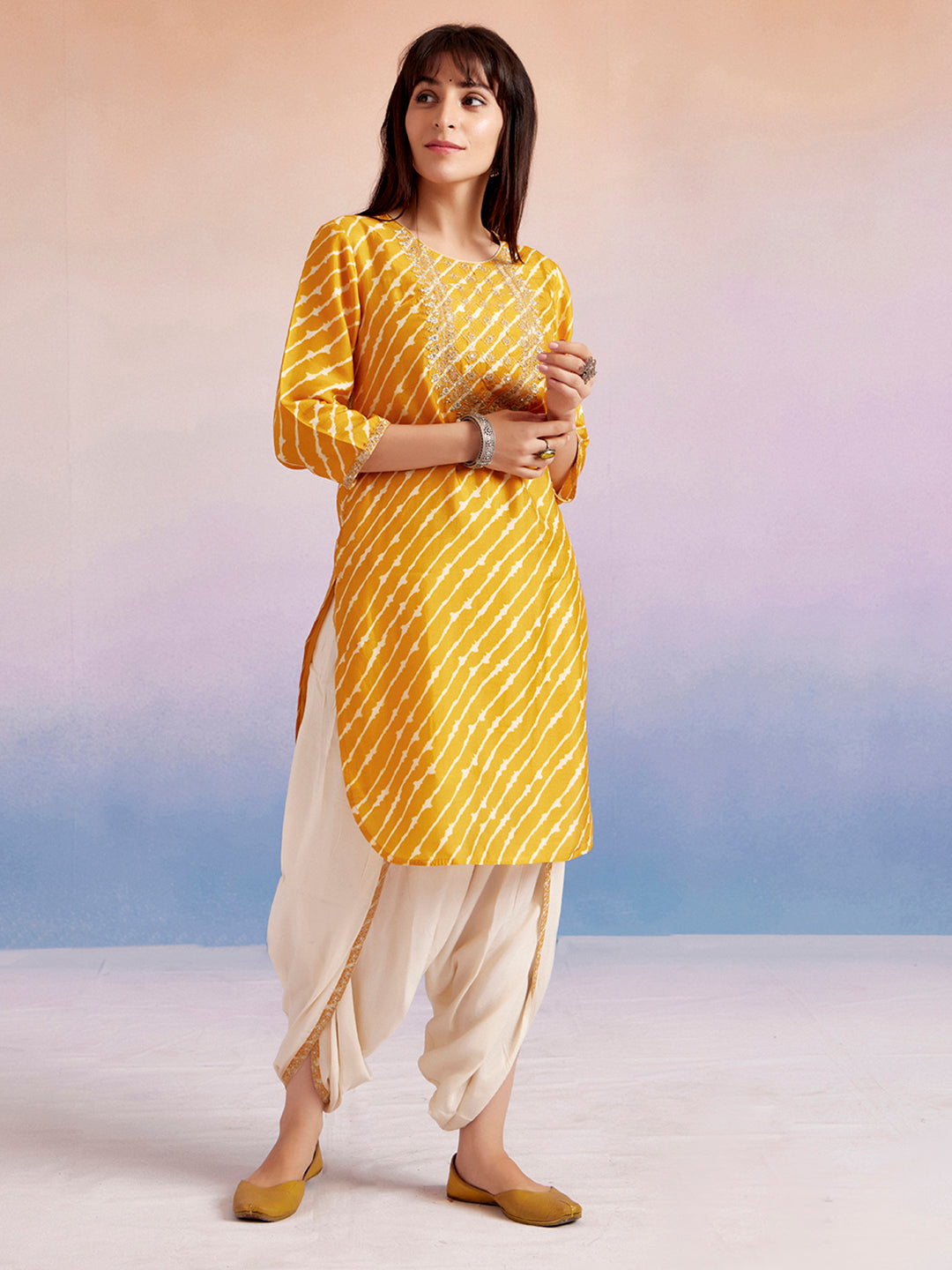 Mustard Embroidered Leheriya Kurta With Dhoti