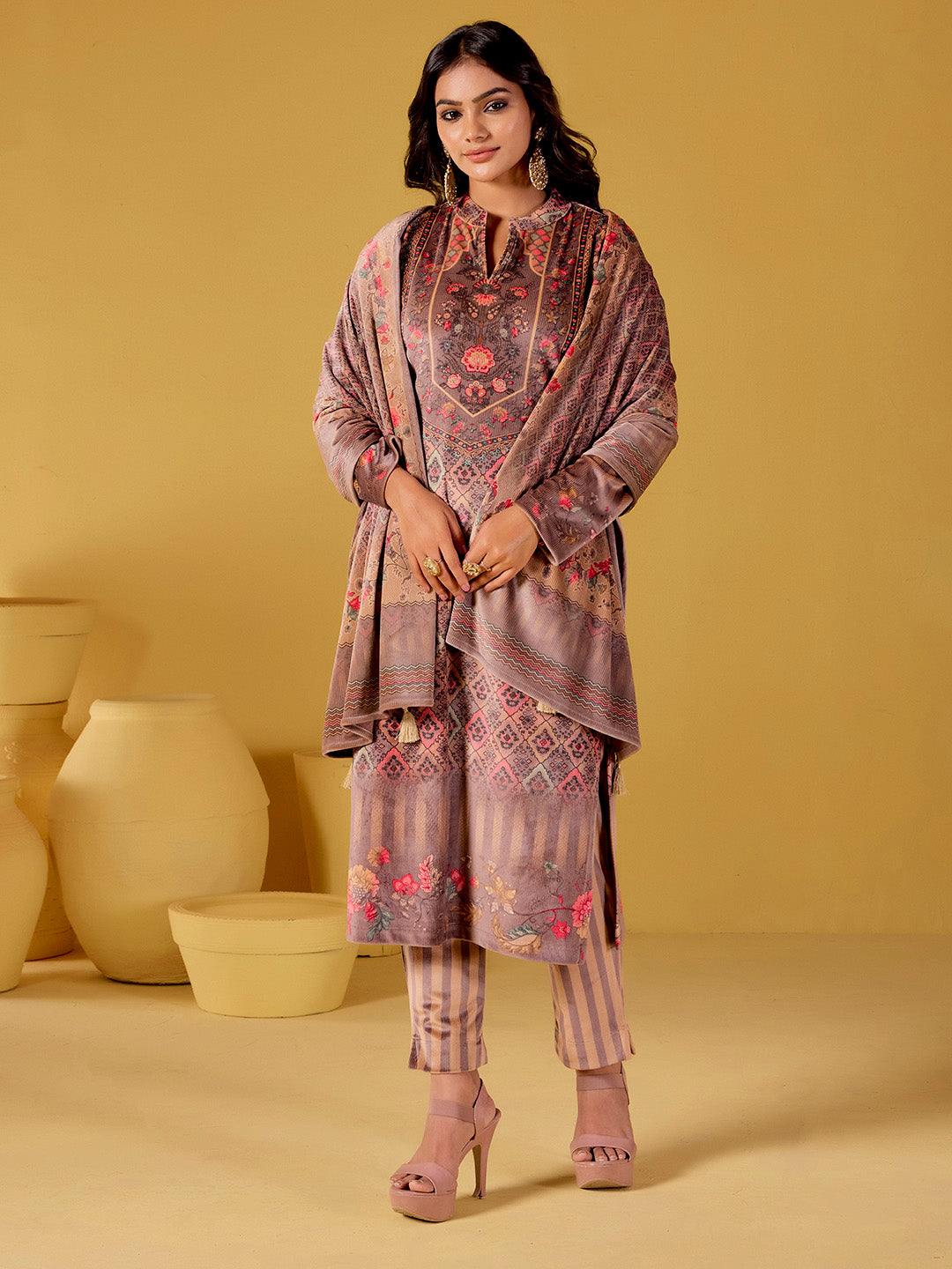 Beige Embellished Velvet Printed Kurta Set with Dupatta