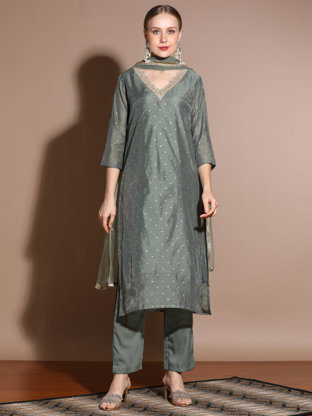 Olive Chanderi Woven Festive Kurta Set With Dupatta