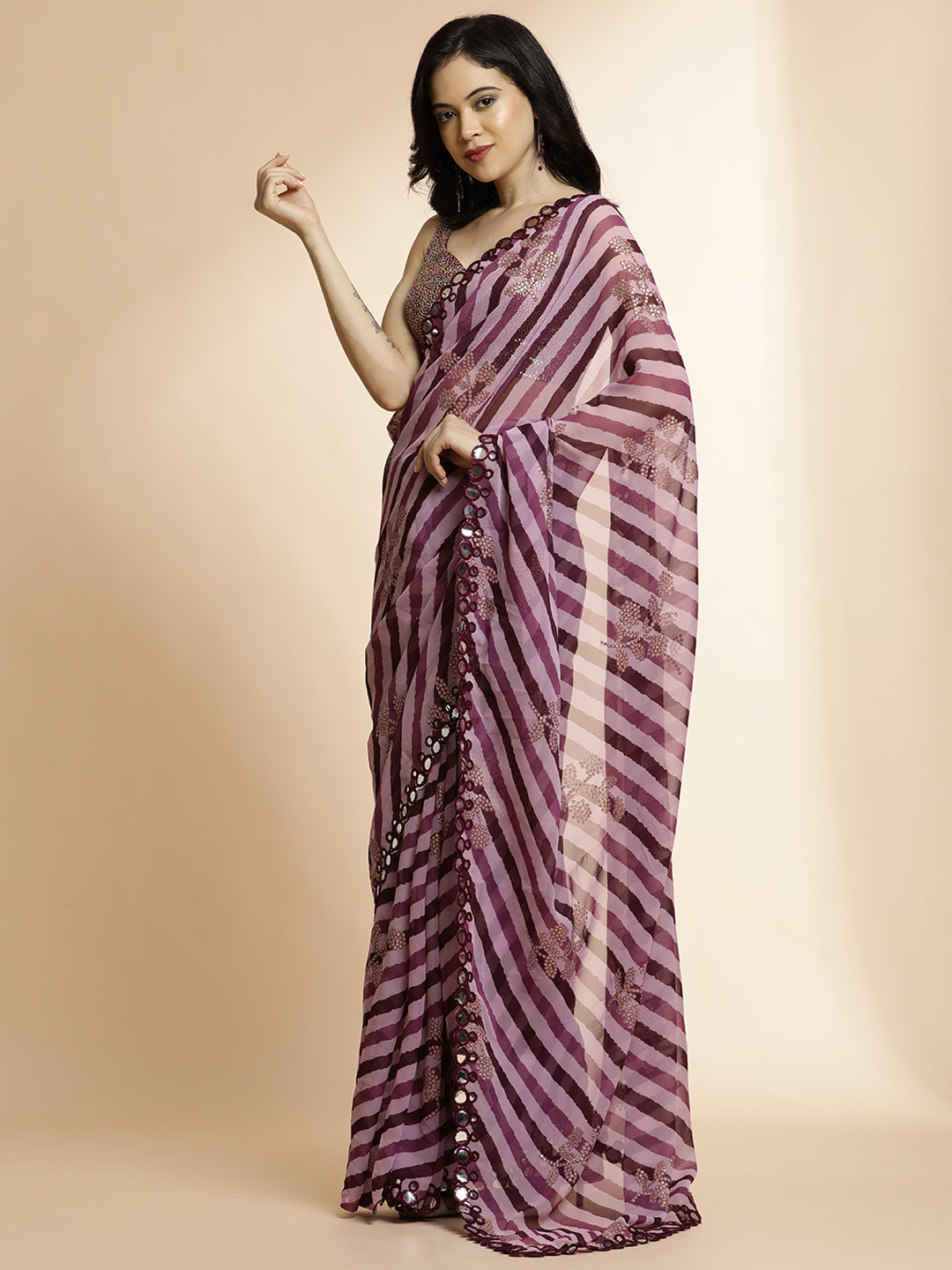 Wine Pure Georgette Leheriya Mirror Work Saree