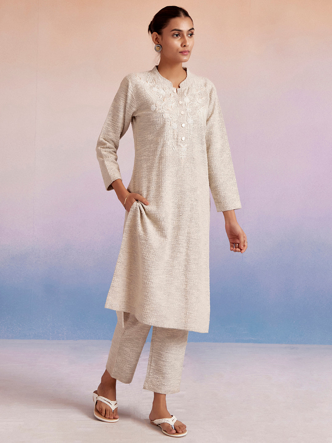 Off White Self Woven Embellished Woolen Kurta Set