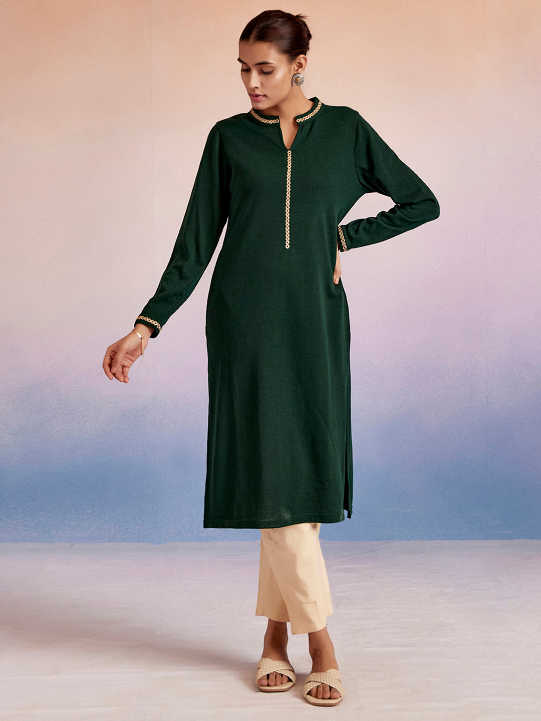 Dark Green Embroidered Straight Woolen Kurta