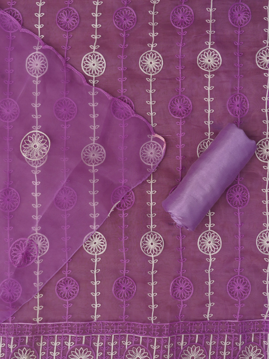 Unstitched Embroidered Organza Purple Dress Material With Dupatta