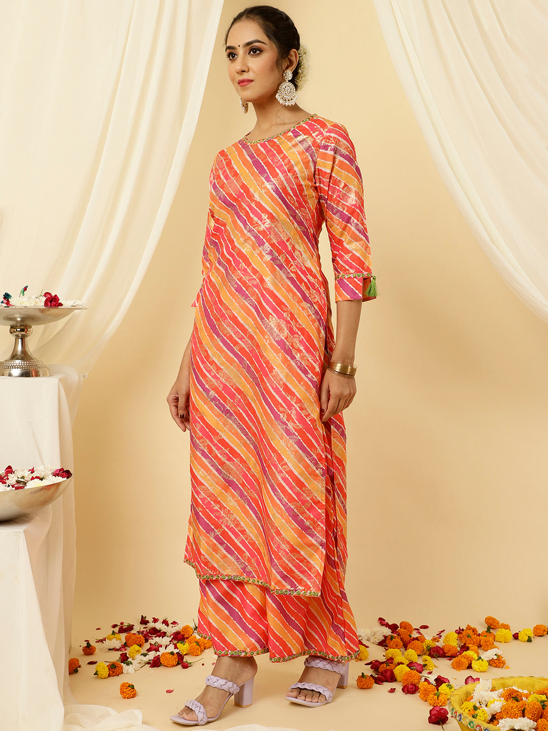 Orange Leheriya Straight Kurta With Palazzo And Dupatta