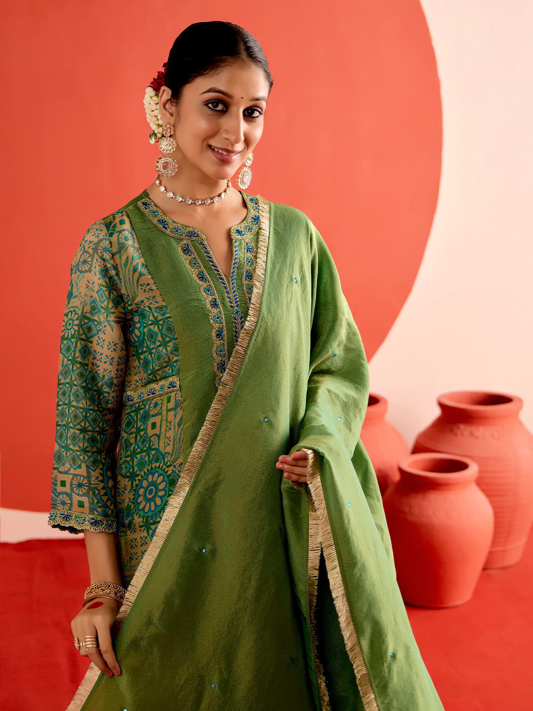 Floral Embroidered Straight Tissue Kurta & Trousers Sets