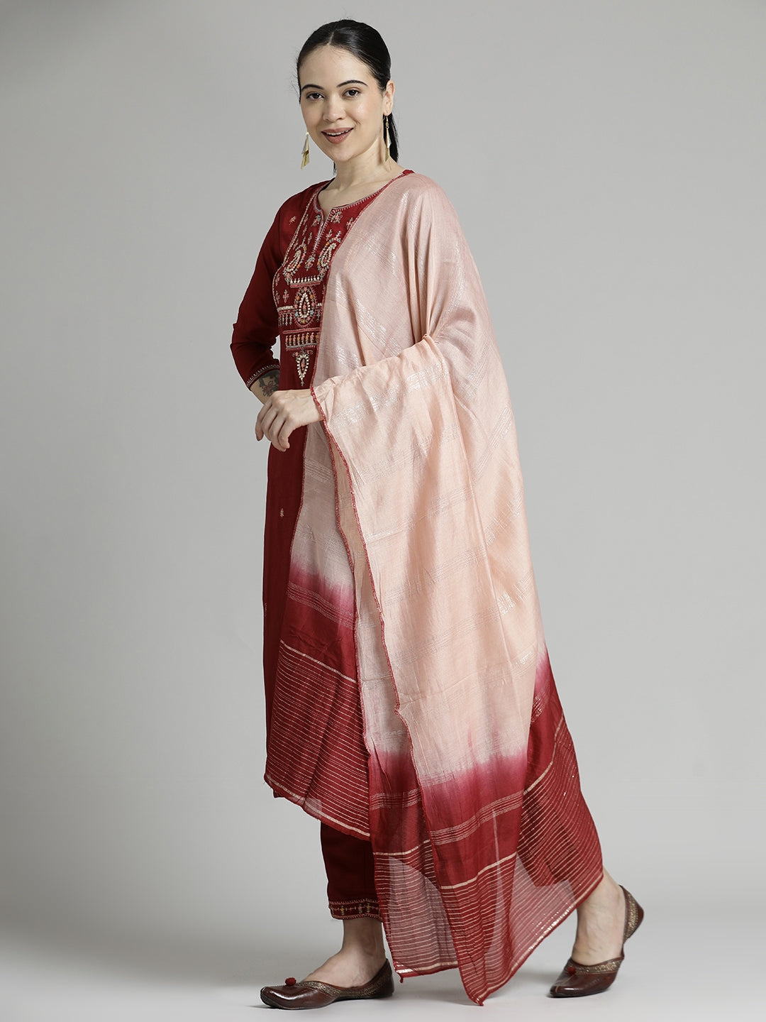 Red Embroidered Chinon Kurta Set With Dupatta