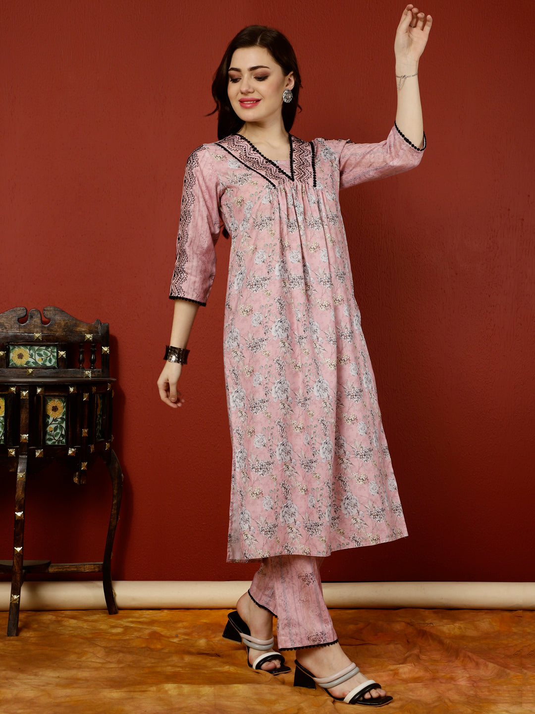 Pink Floral Digital Printed Embroidered Linen Suit Set