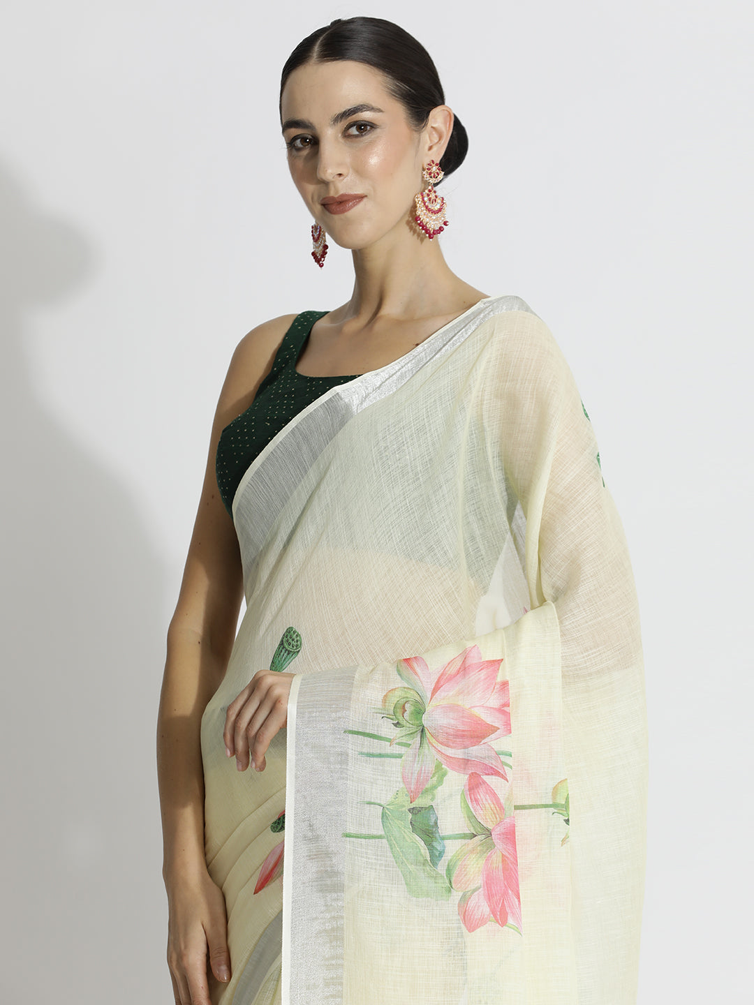 Lotus Floral Printed Daily Wear Pure Linen Saree