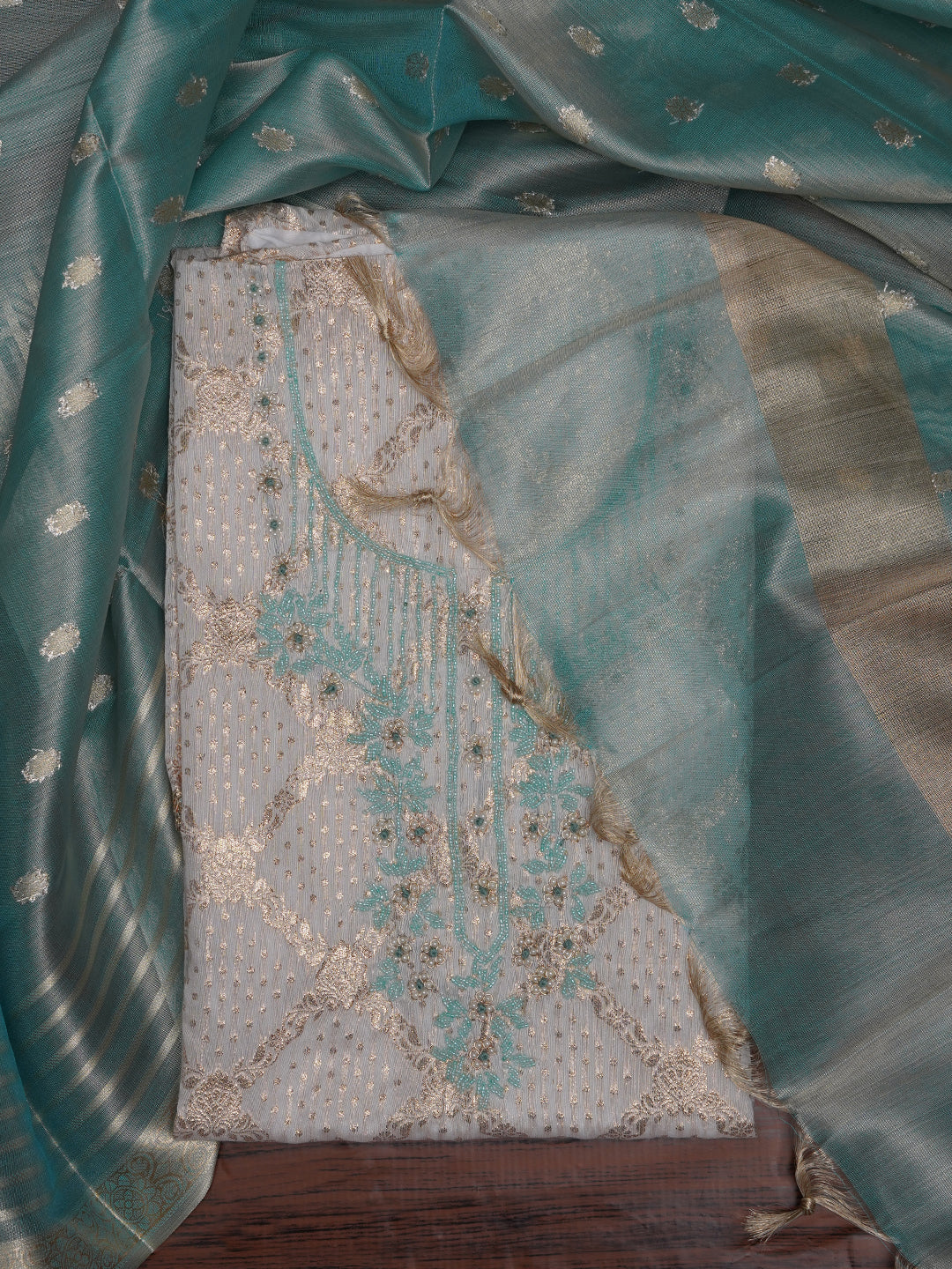 Zari Woven White Cotton Blend Dress Material with Dupatta