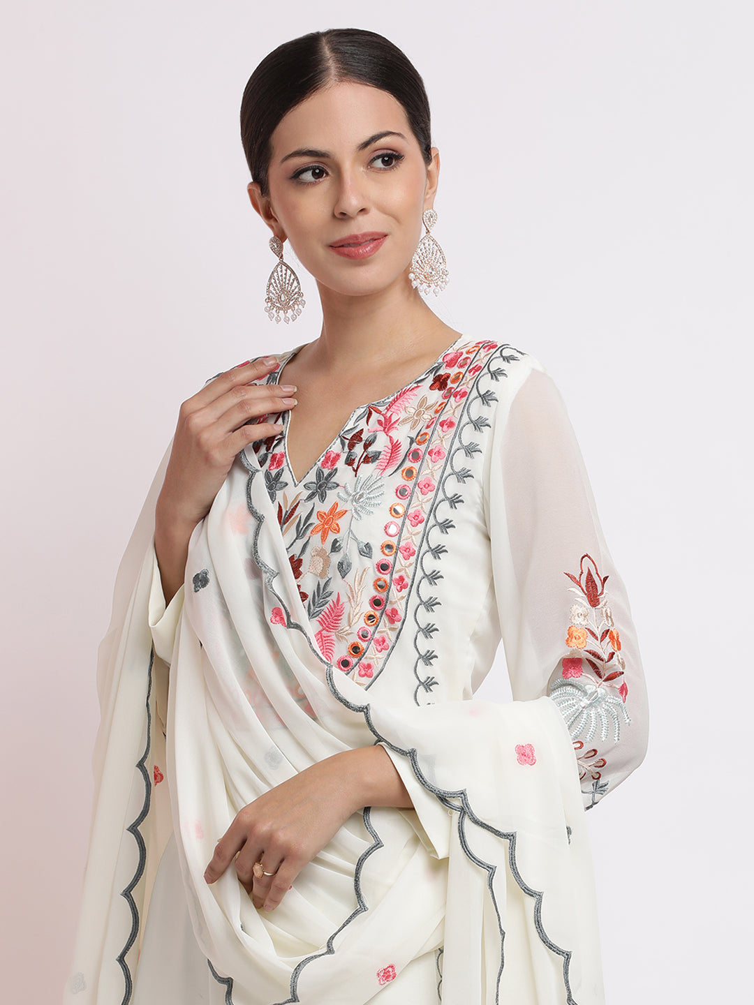 White Thread Embroidered Georgette Kurta Set With Dupatta