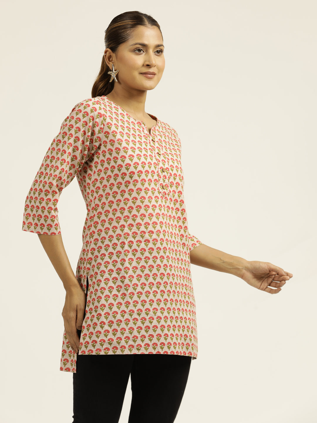 Beige Kantha Cotton Short Kurta