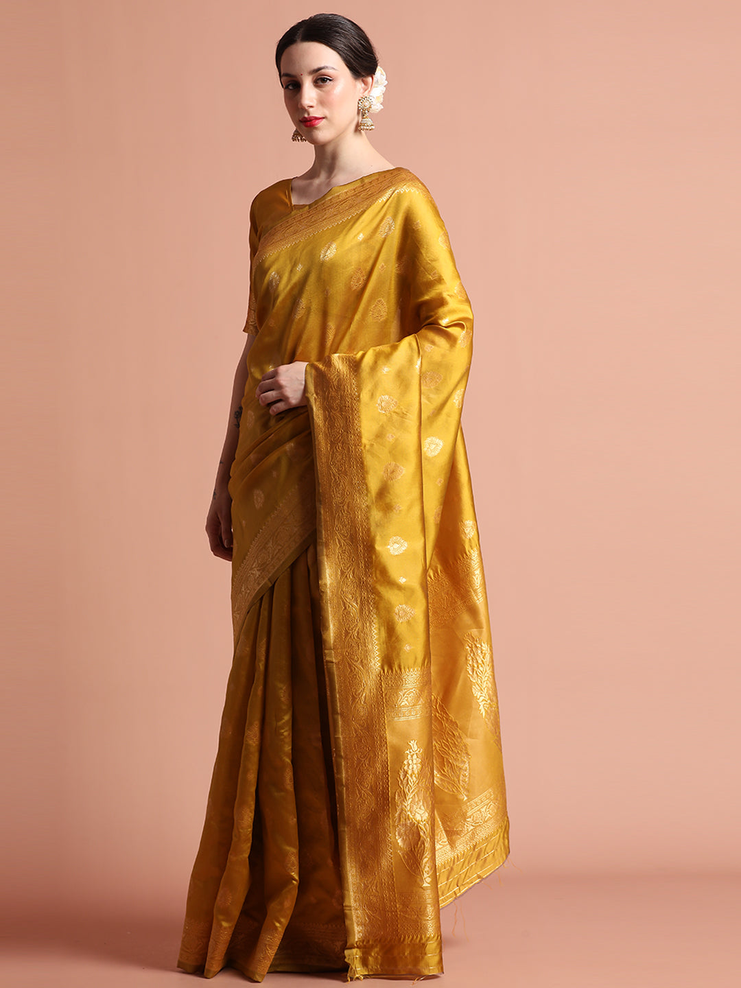 Mustard Heavy Banarasi Zari Woven Silk Blend Saree