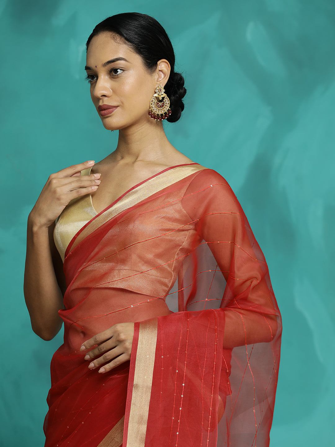 Red Sequin Embellished Organza Saree