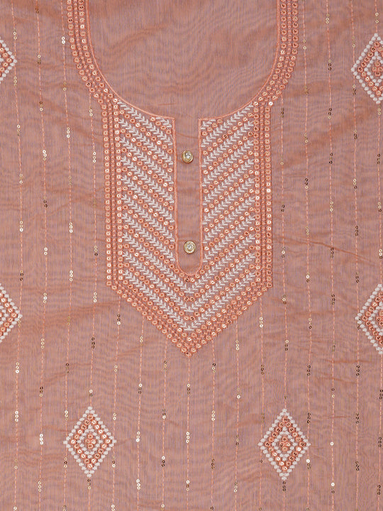 Peach Unstitched Embroidered Cotton Blend Dress Material With Dupatta