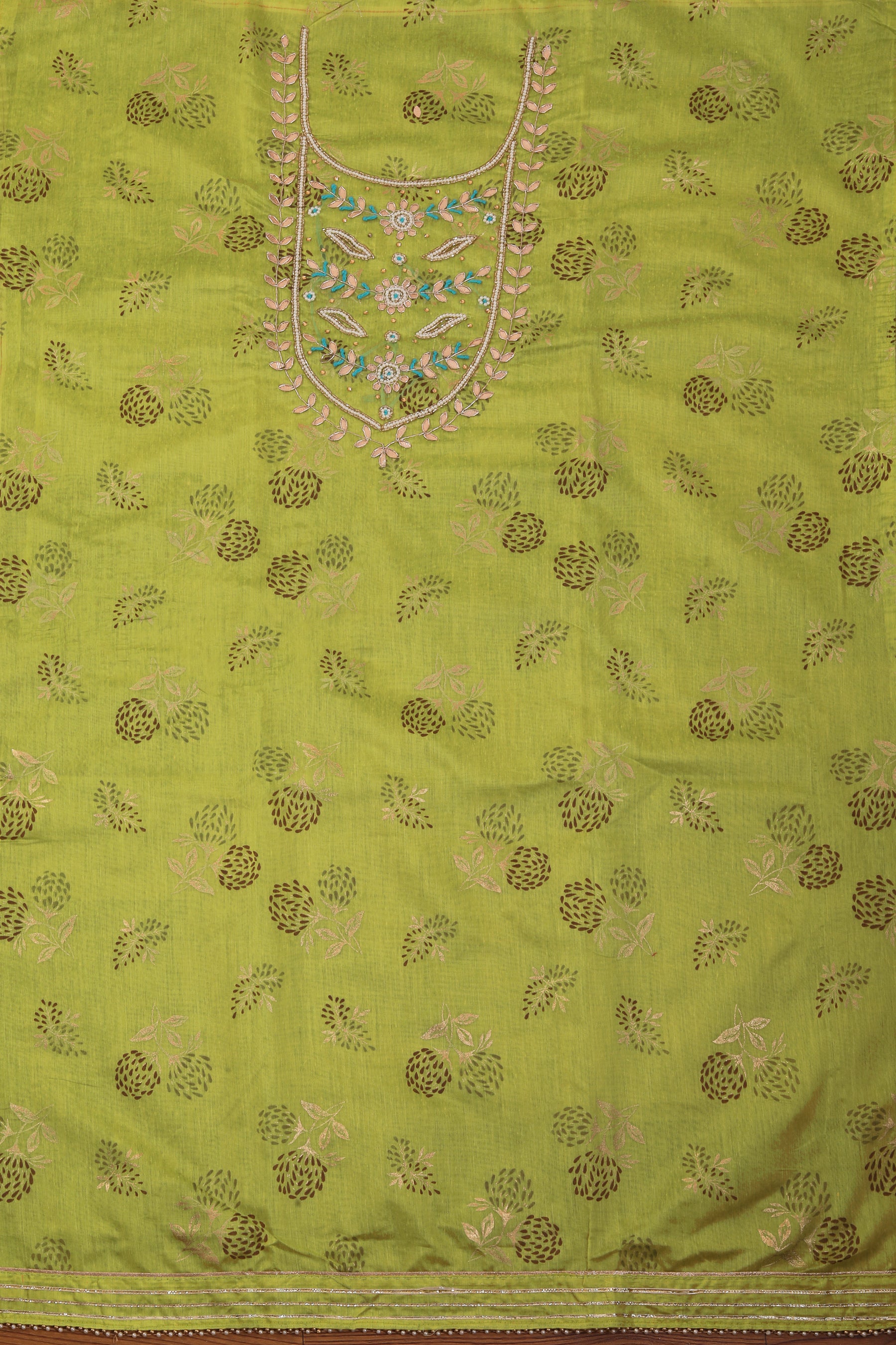 Light Green Unstitched Embellished Cotton Dress Material With Dupatta