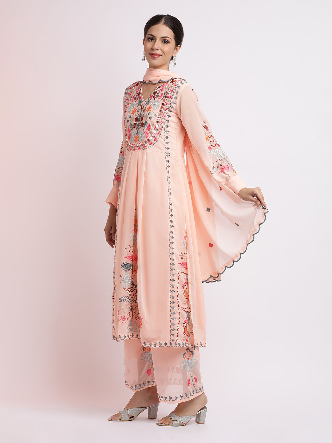 Peach Thread Embroidered Georgette Kurta Set With Dupatta