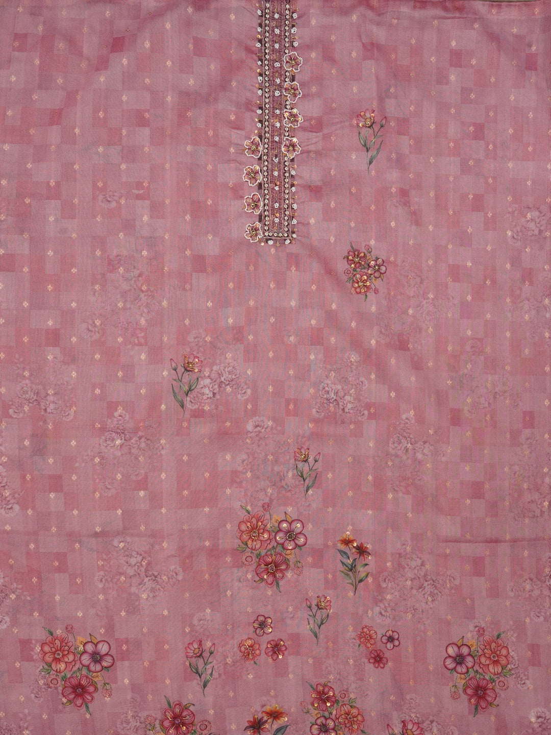 Pink Floral Printed Embellished Cotton Dress Material with Dupatta