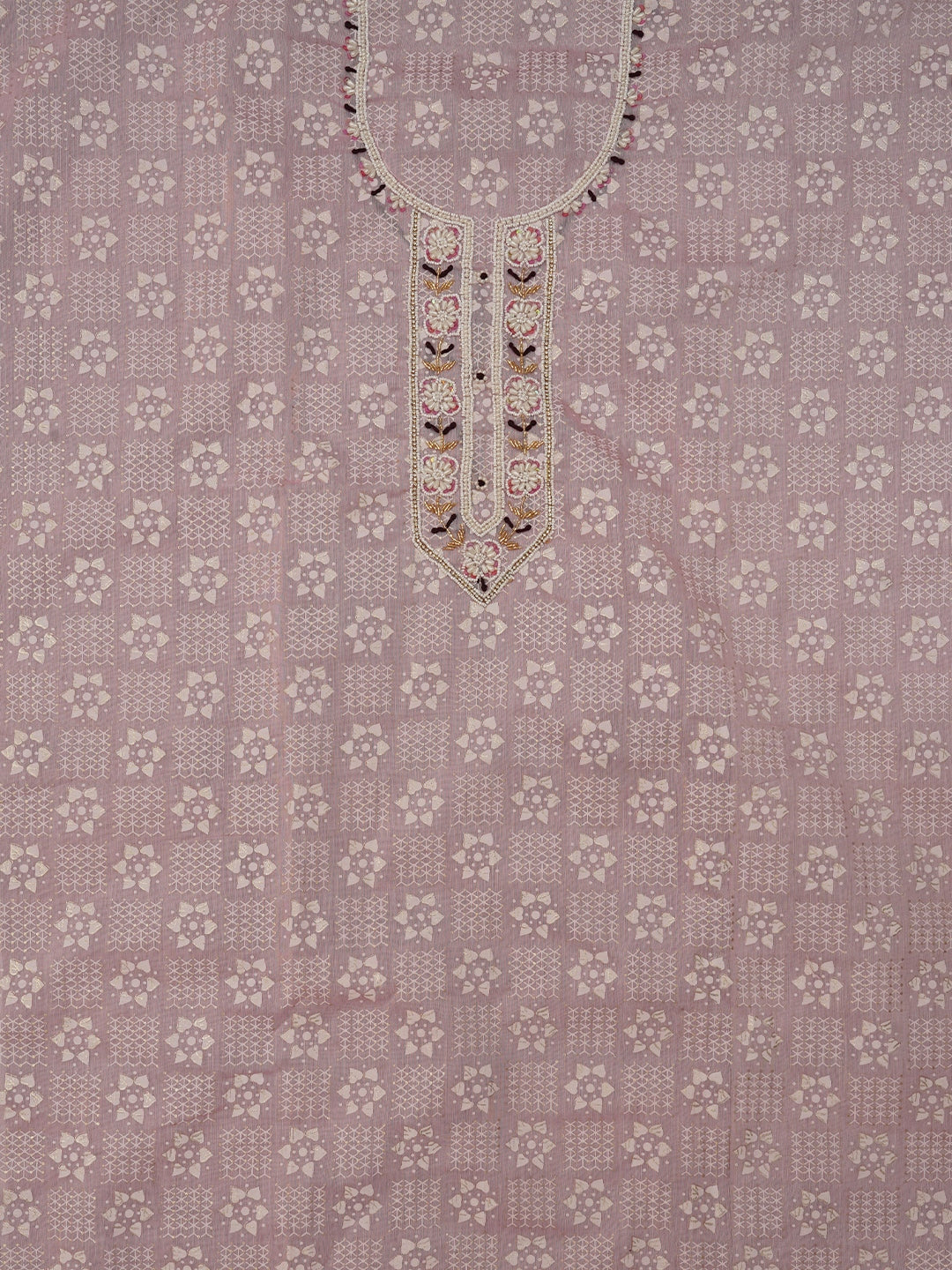 Pink Printed Embellished Cotton Dress Material with Dupatta