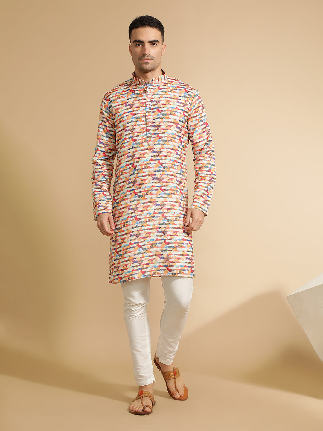 Multicolor Abstract Printed Cotton Kurta for Men