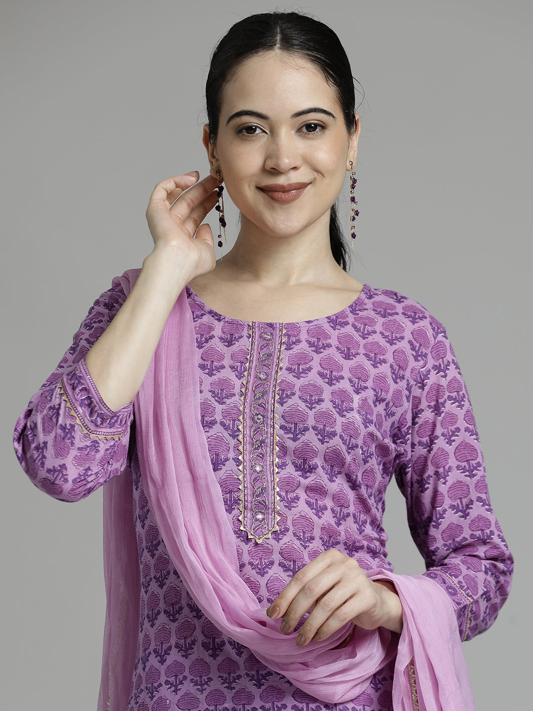 Ethnic Printed Pure Cotton Purple Suit Set